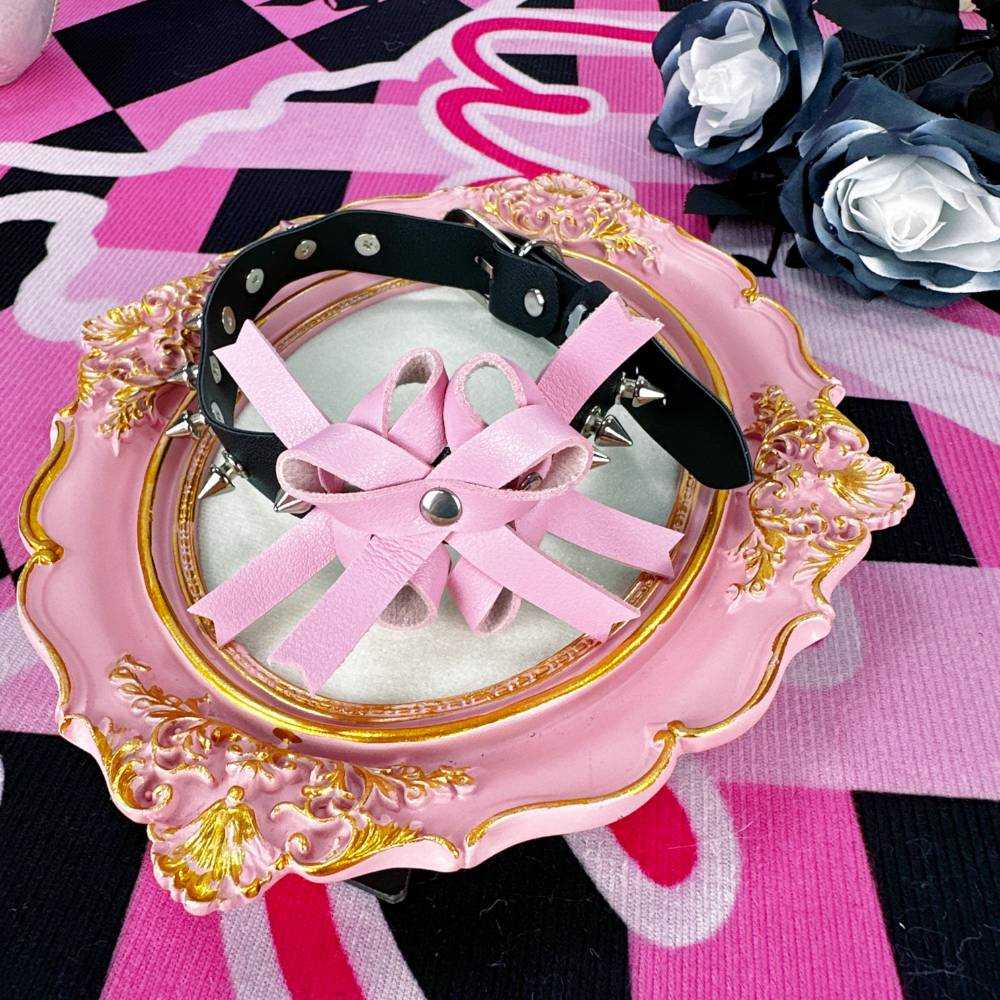 Sweet & Edgy Punk Spiked Pink Ribbon Leather Choker
