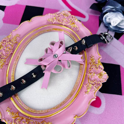 Sweet & Edgy Punk Spiked Pink Ribbon Leather Choker