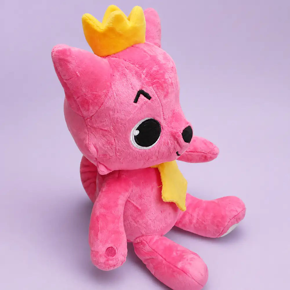 Pink Crowned Fox Stuffed Animal Left Angle on a Lavender Studio Background
