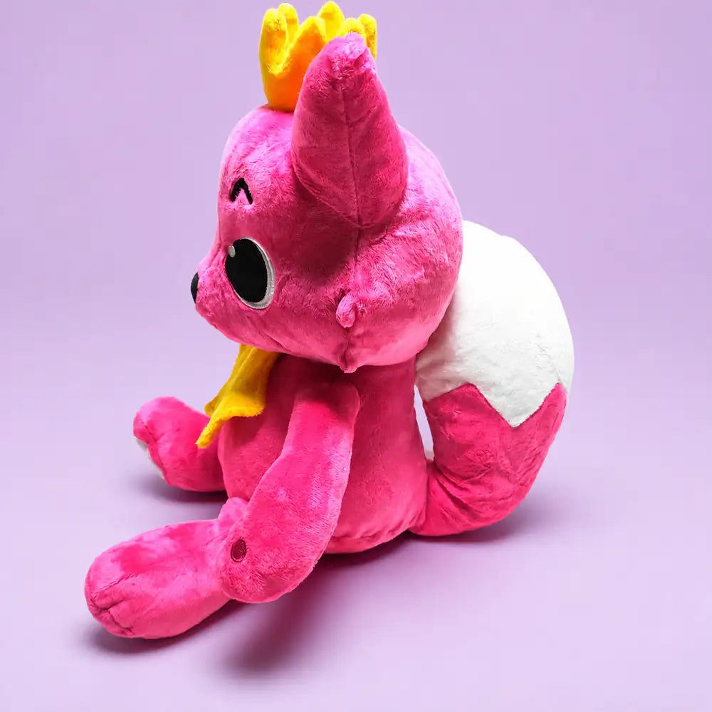 Pink Crowned Fox Stuffed Animal Left Rear View on a Lavender Studio Background