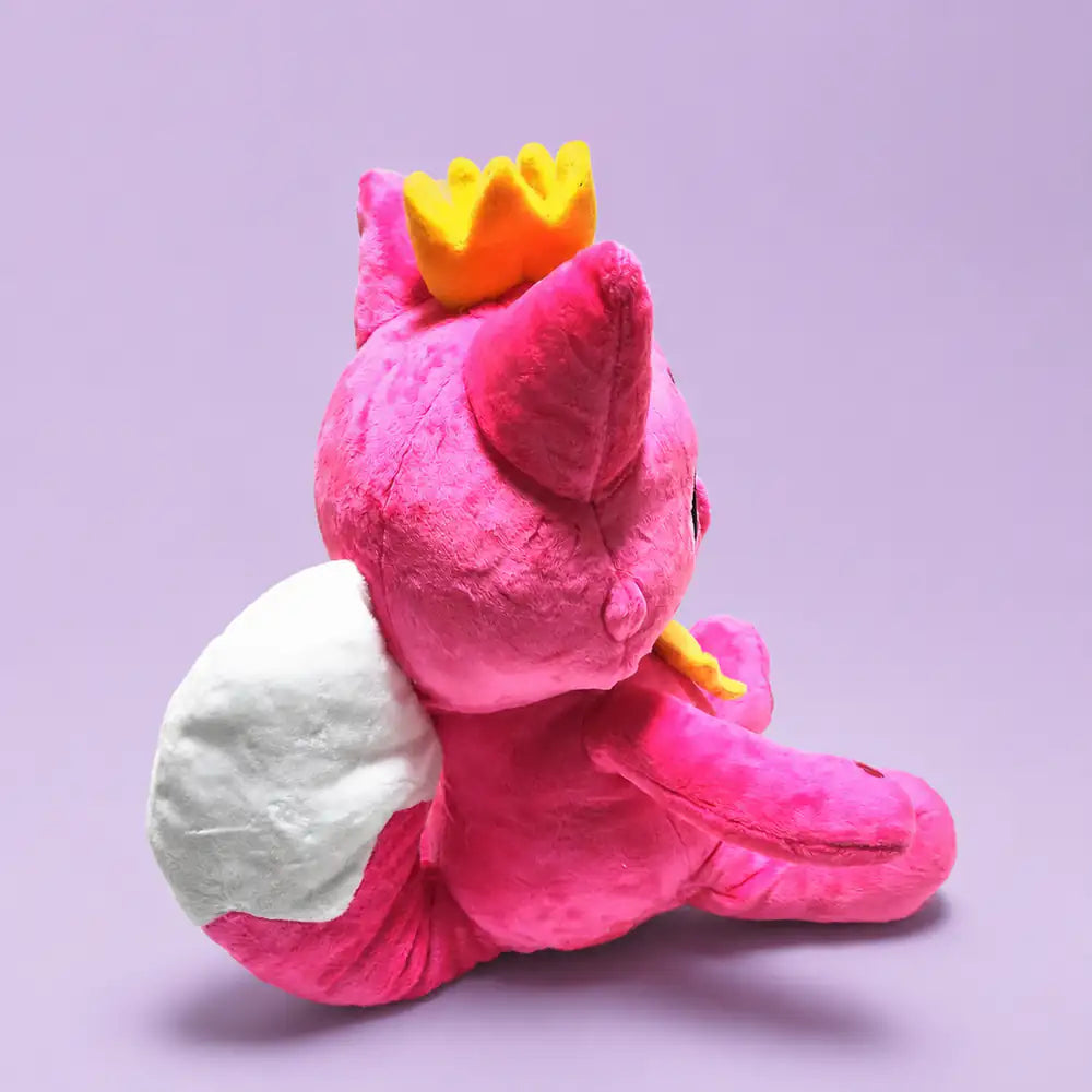 Pink Crowned Fox Stuffed Animal Rear View on a Lavender Studio Background