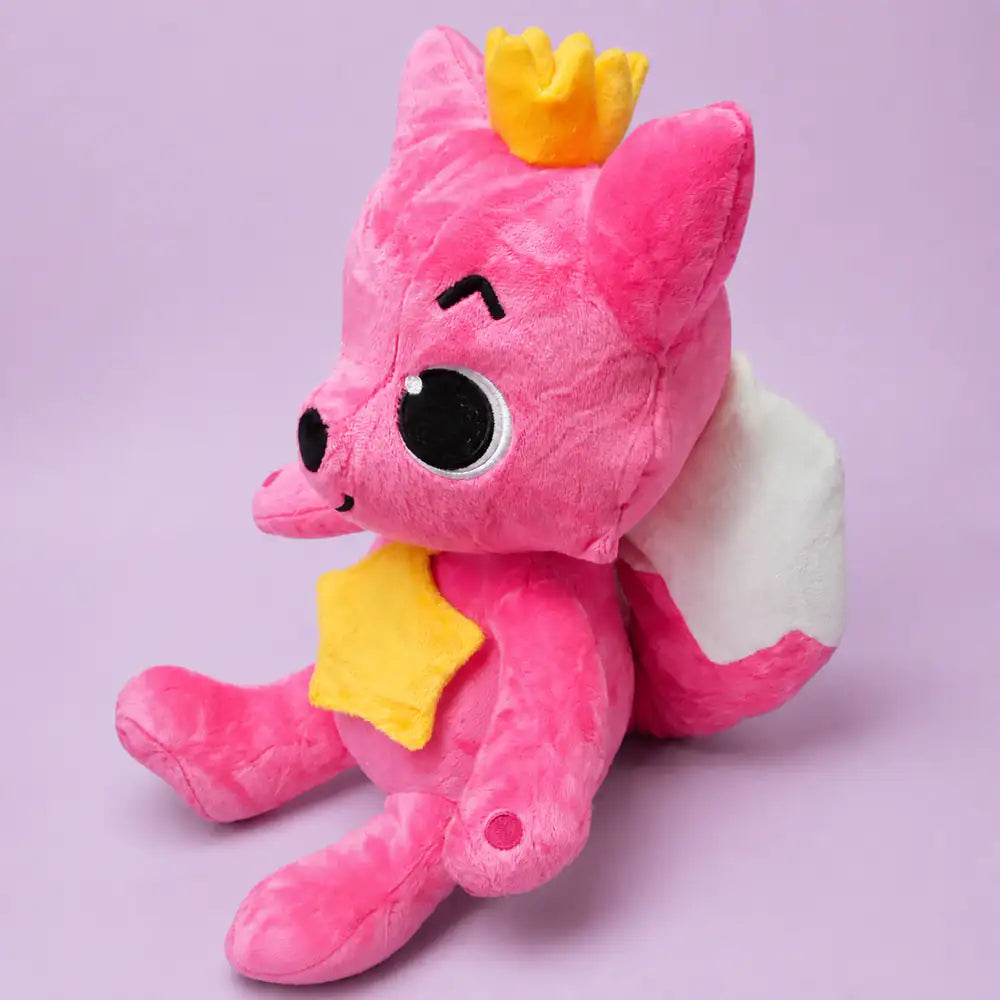 Pink Crowned Fox Stuffed Animal Right Angle on a Lavender Studio Background