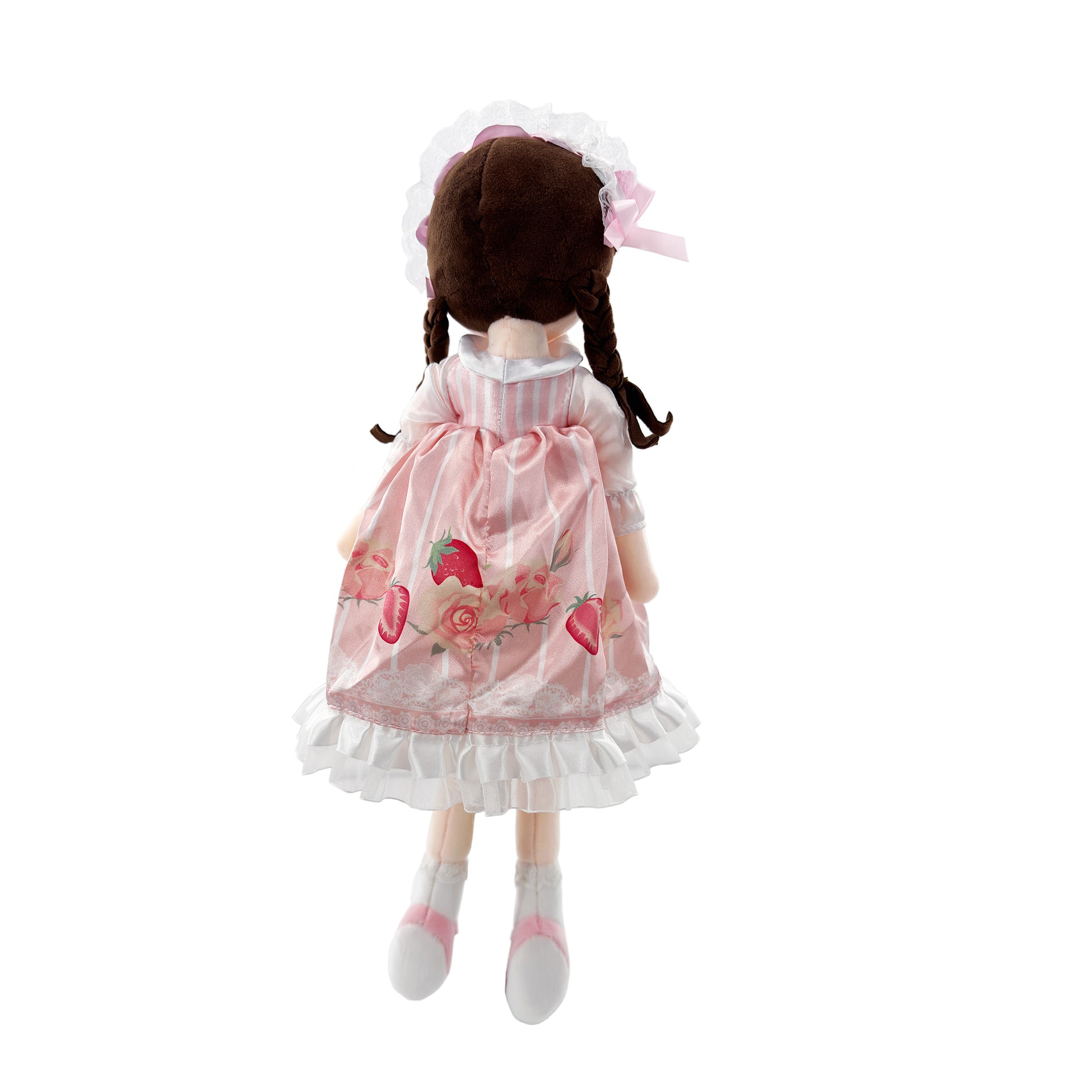 girl in pink dress flower patterns back view PlushThis
