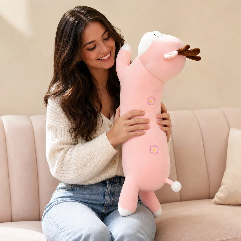 Pink Floral Deer Plush Body Pillow With American Model