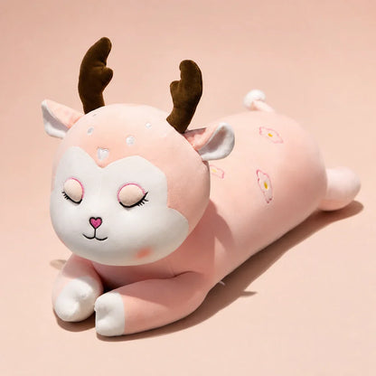 Pink Floral Deer Plush Body Pillow Studio View