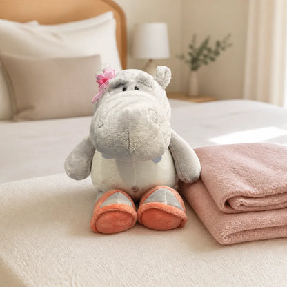 Gray Pink Flower Hippo Plush in a Cozy Bedroom