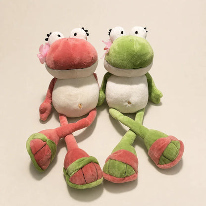 Pink and Green Frog Plush Toys - Crossed Legs View