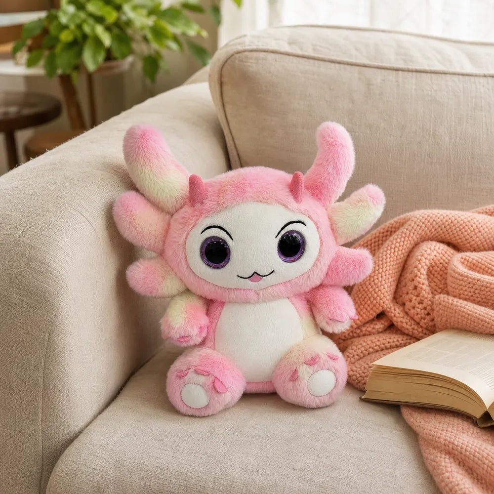 Pink Pastel Dragon Plush on a Cream Sofa
