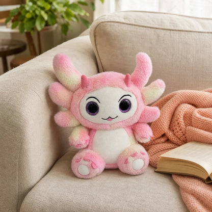 Pink Pastel Dragon Plush on a Cream Sofa