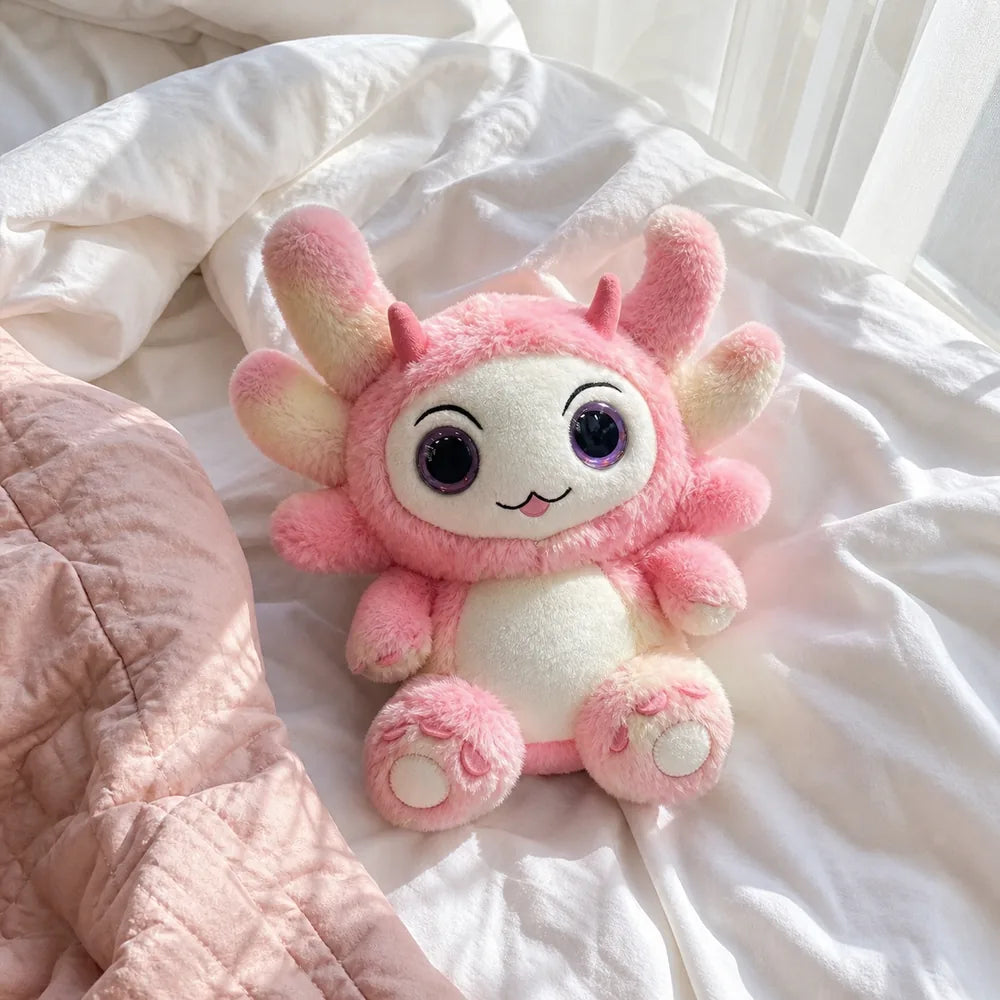 Pink Pastel Dragon Plush on White Bed Linens
