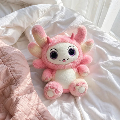 Pink Pastel Dragon Plush on White Bed Linens