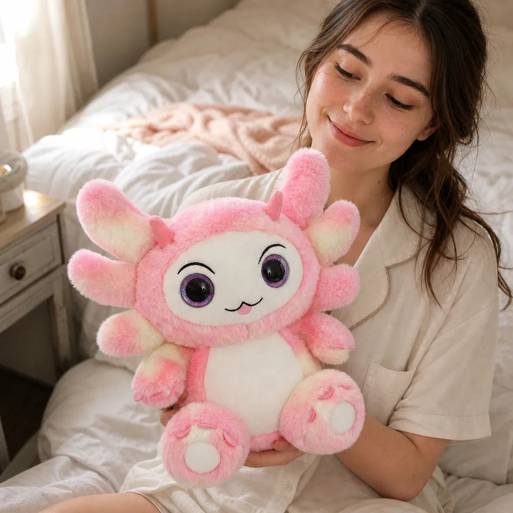 Pink Pastel Dragon Plush Held in a Cozy Bedroom