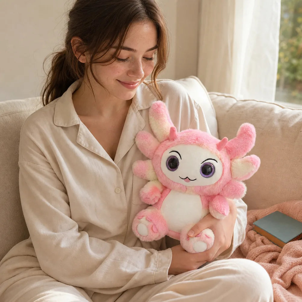 Pink Pastel Dragon Plush Held on a Cream Sofa