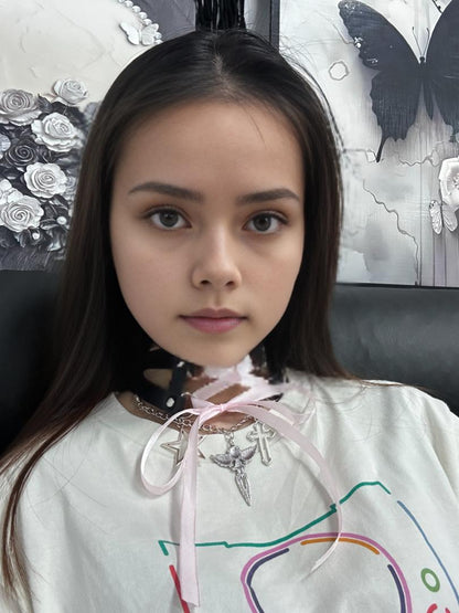 Sweet & Edgy Lace-Up Pink Ribbon Black Leather Choker