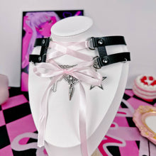 Sweet & Edgy Lace-Up Pink Ribbon Black Leather Choker