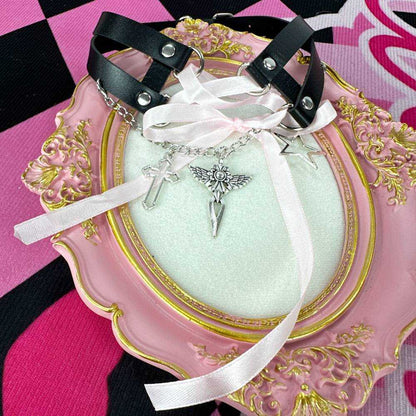 Sweet & Edgy Lace-Up Pink Ribbon Black Leather Choker
