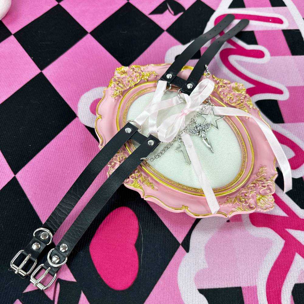 Sweet & Edgy Lace-Up Pink Ribbon Black Leather Choker