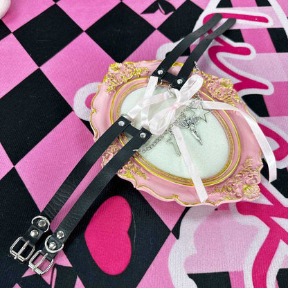 Sweet & Edgy Lace-Up Pink Ribbon Black Leather Choker