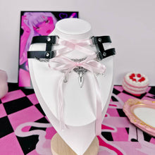 Sweet & Edgy Lace-Up Pink Ribbon Black Leather Choker
