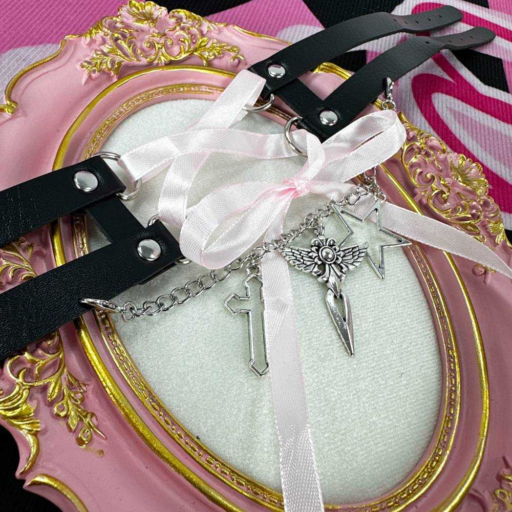 Sweet & Edgy Lace-Up Pink Ribbon Black Leather Choker