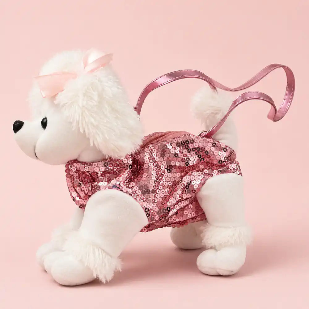 Pink Sequin Poodle Plush Bag - Sequin Detail View