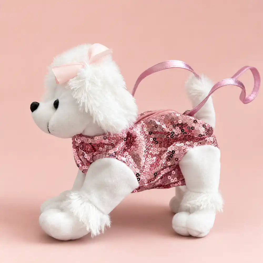 Pink Sequin Poodle Plush Bag - Studio Front View