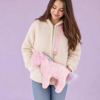 Pink Skeleton Unicorn Plush Crossbody – Front View