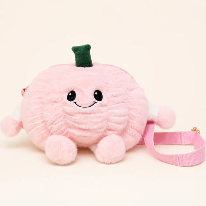 Pink Pumpkin Plush Crossbody Bag on Warm Ivory Background