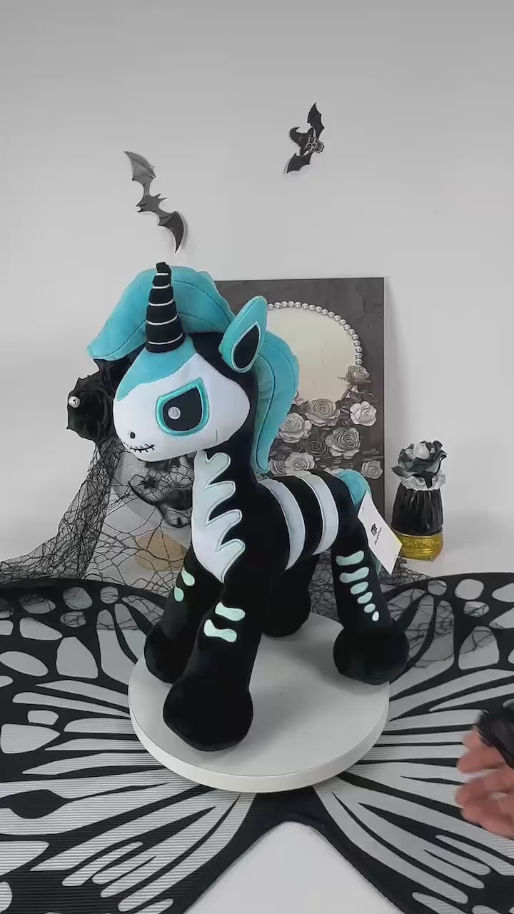 Goth Blue and Black Skeleton Unicorn Plush