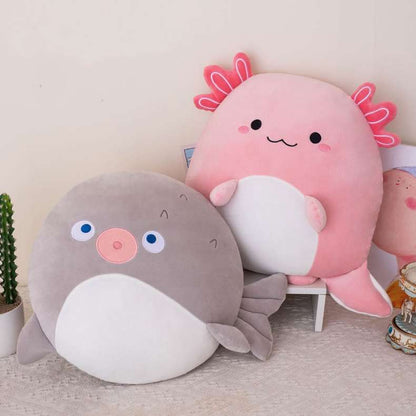 Axolotl and puffer fish pillow