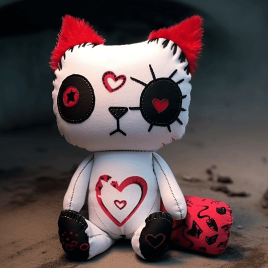 White and red punky street art cat stuffed animal PlushThis