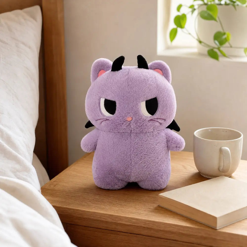 Purple Devil Cat Plush Toy on Bedside Table