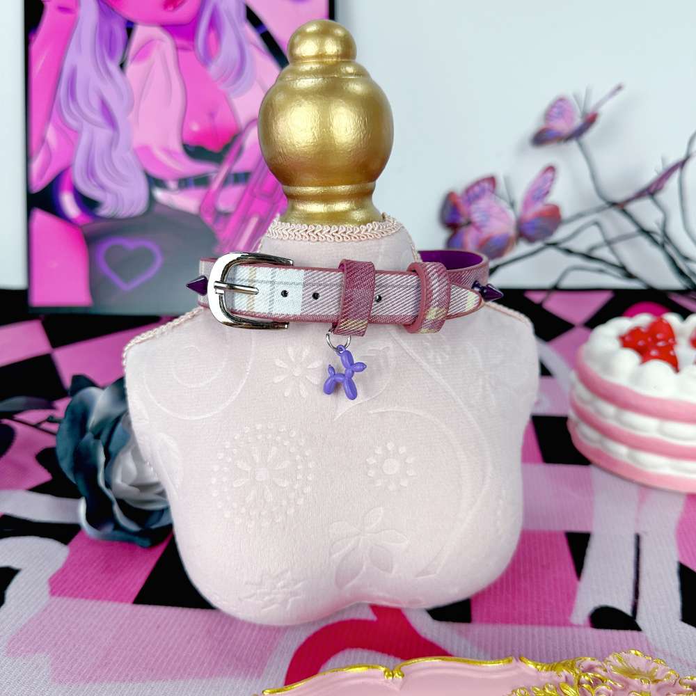 Cute Pastel Balloon Dog Heart Checkered Leather Choker