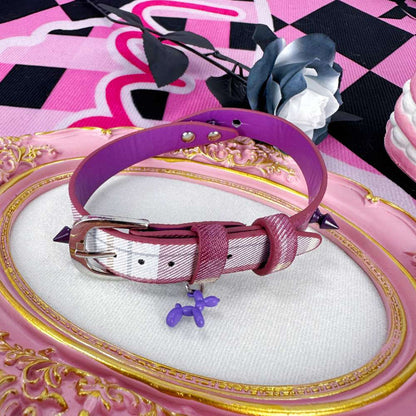 Cute Pastel Balloon Dog Heart Checkered Leather Choker