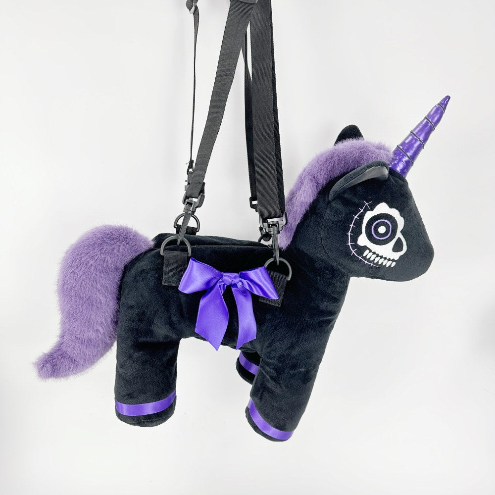 Goth Black and Purple Skeleton Unicorn Plush Bag