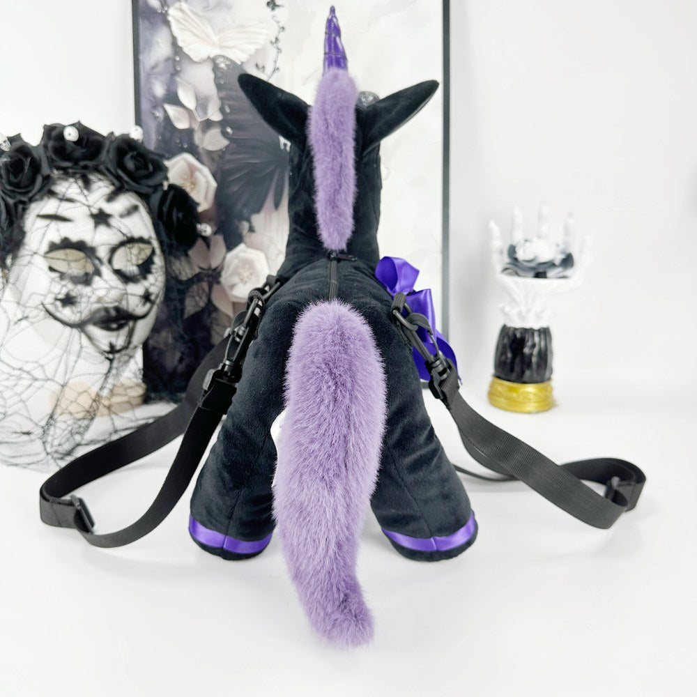 Goth Black and Purple Skeleton Unicorn Plush Bag