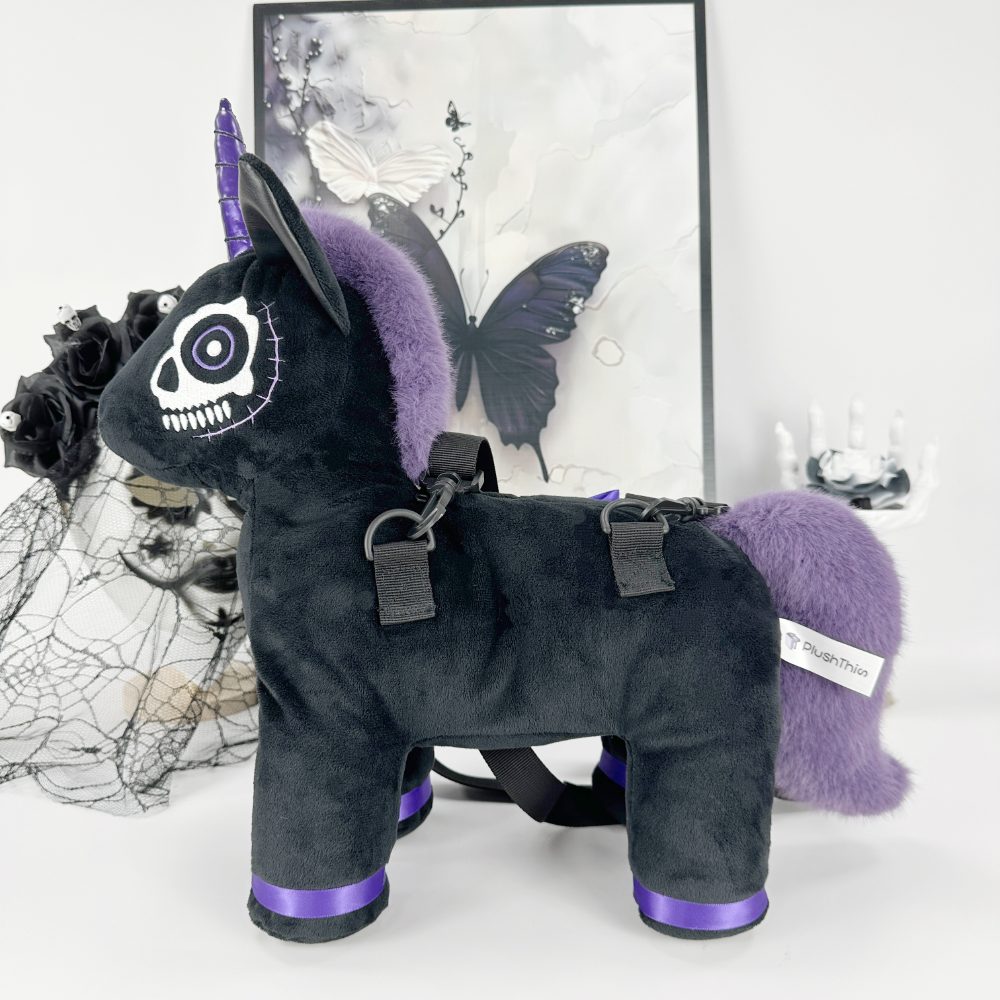 Goth Black and Purple Skeleton Unicorn Plush Bag