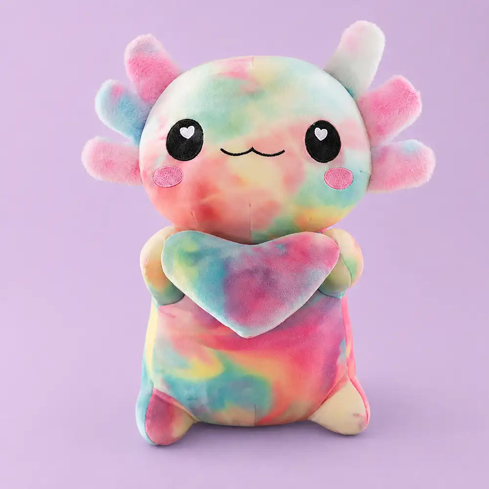 Rainbow Tie-Dye Heart-Holding Axolotl Plush Toy - Studio Front View
