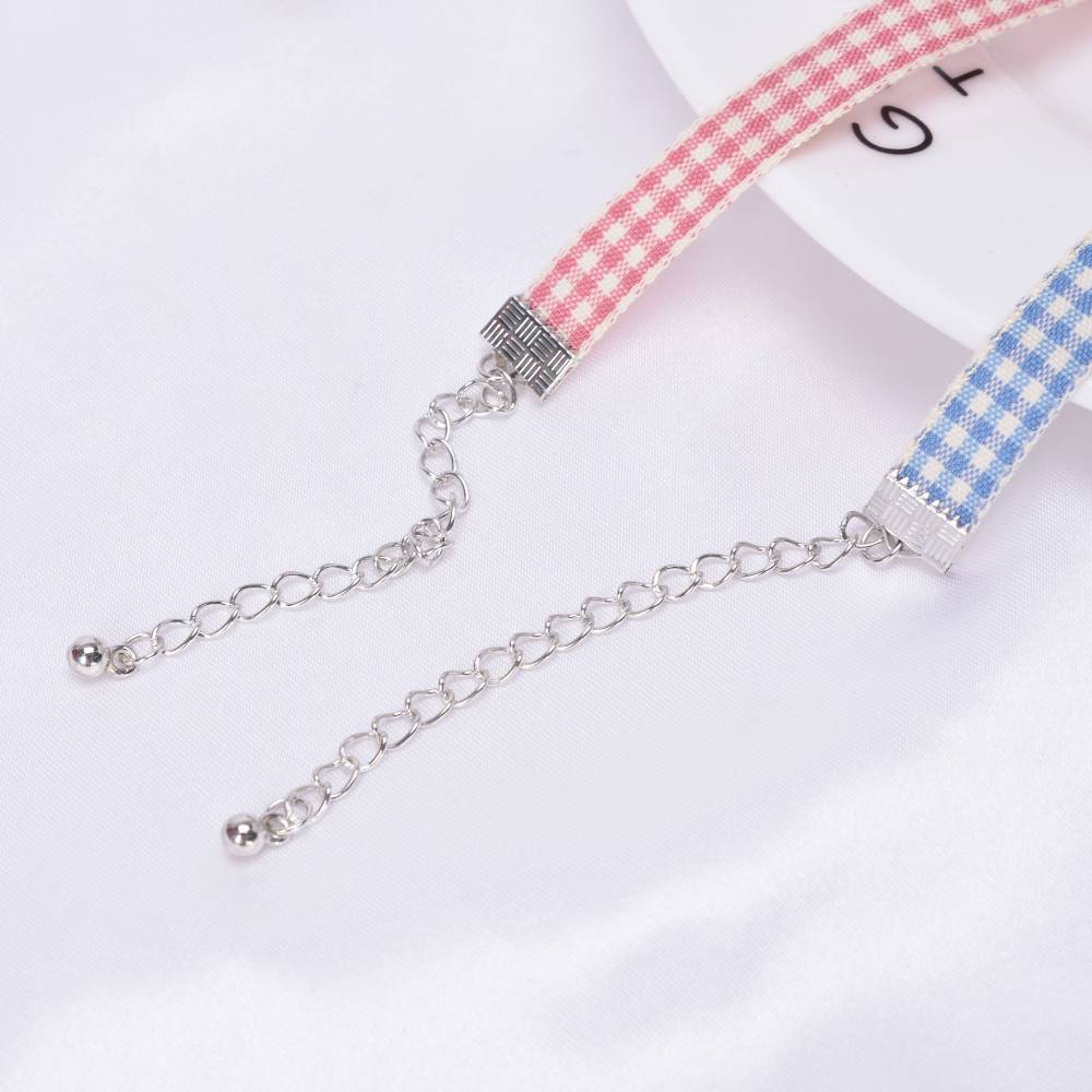 Cute Blue & Pink Checkered Charm Cord Choker