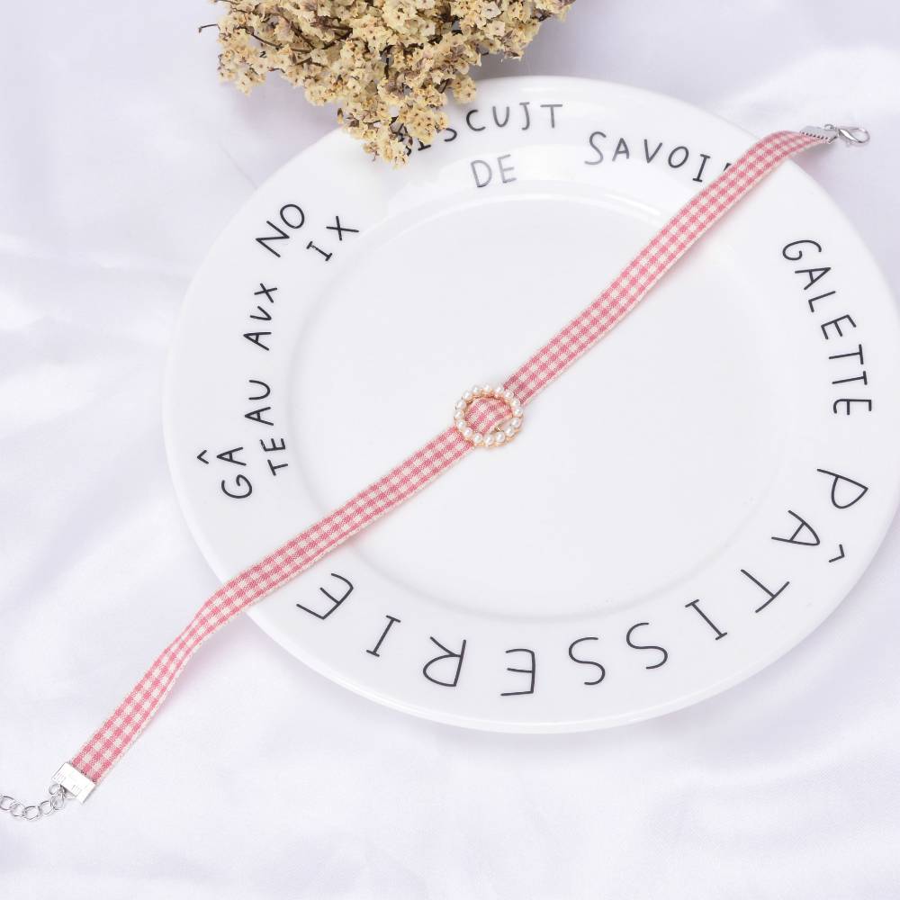 Cute Blue & Pink Checkered Charm Cord Choker