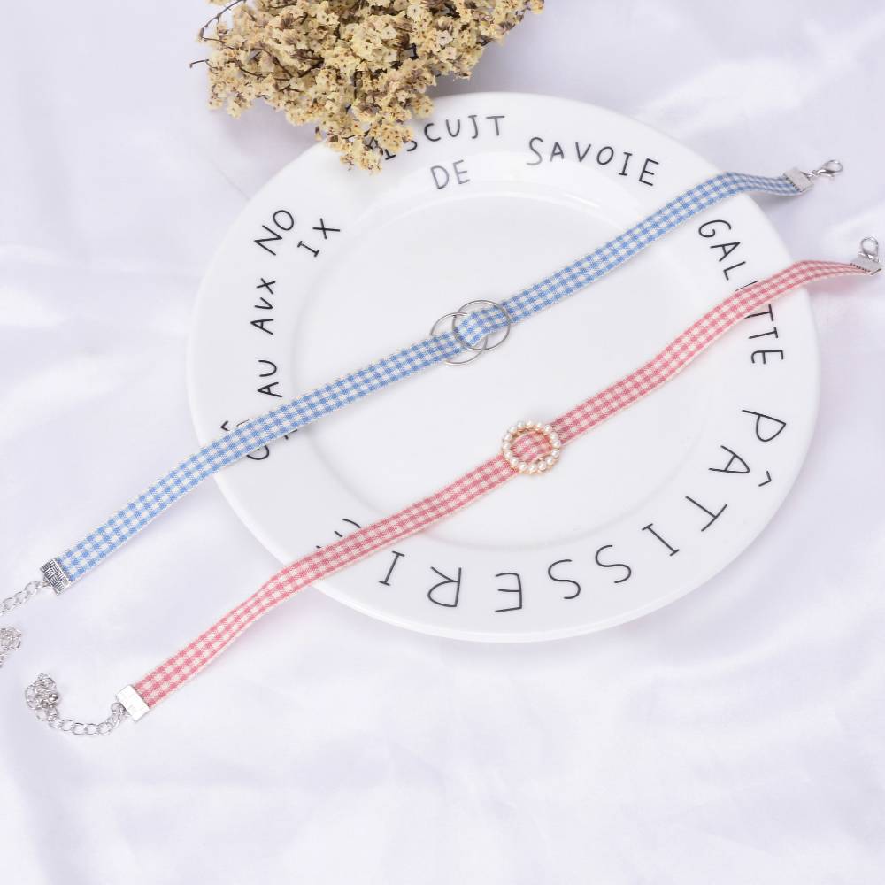 Cute Blue & Pink Checkered Charm Cord Choker