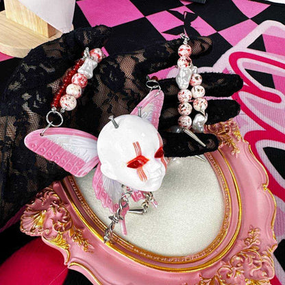 Gothic Horror Doll Head Wings Red Choker