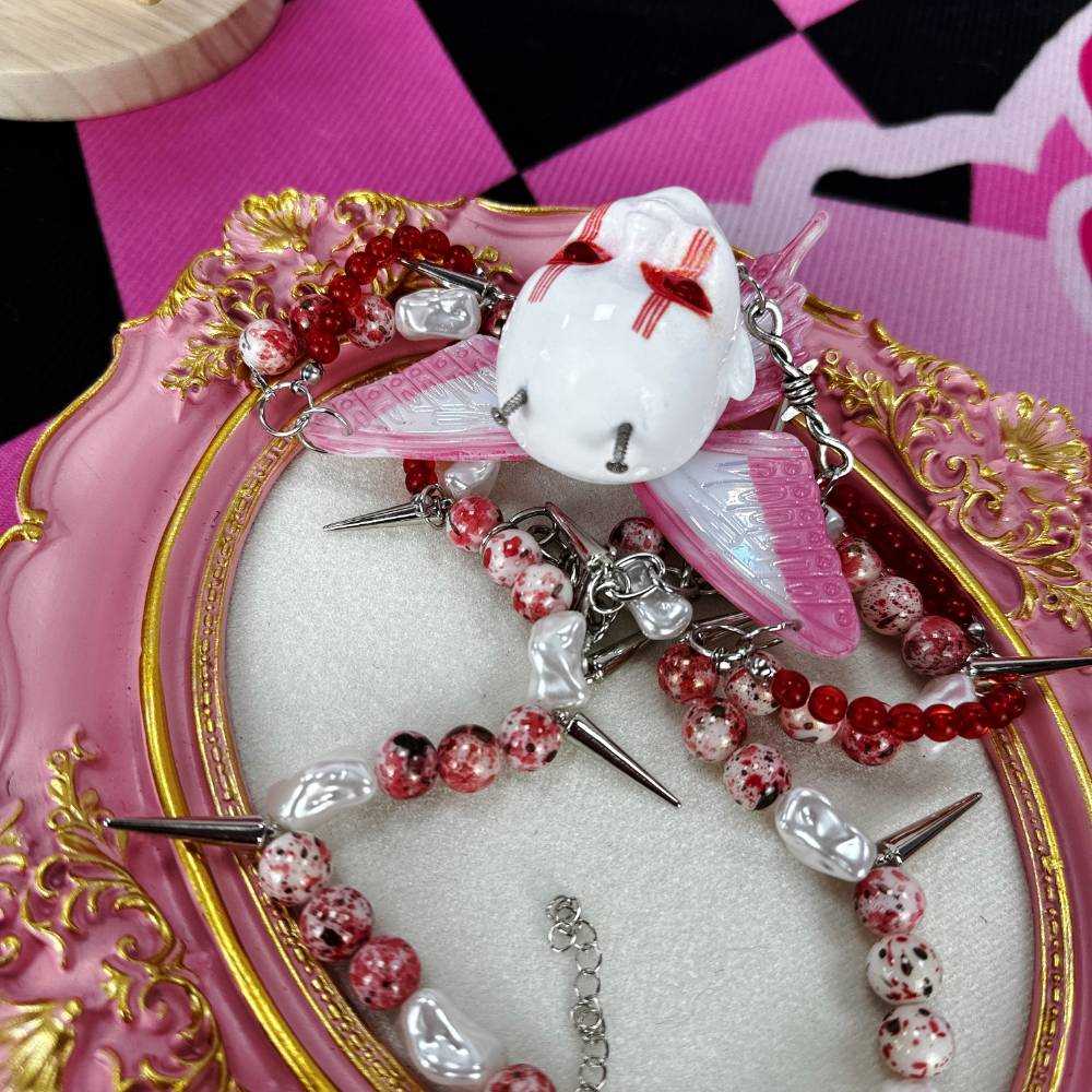 Gothic Horror Doll Head Wings Red Choker
