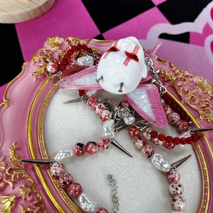 Gothic Horror Doll Head Wings Red Choker