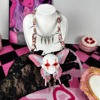 Gothic Horror Doll Head Wings Red Choker