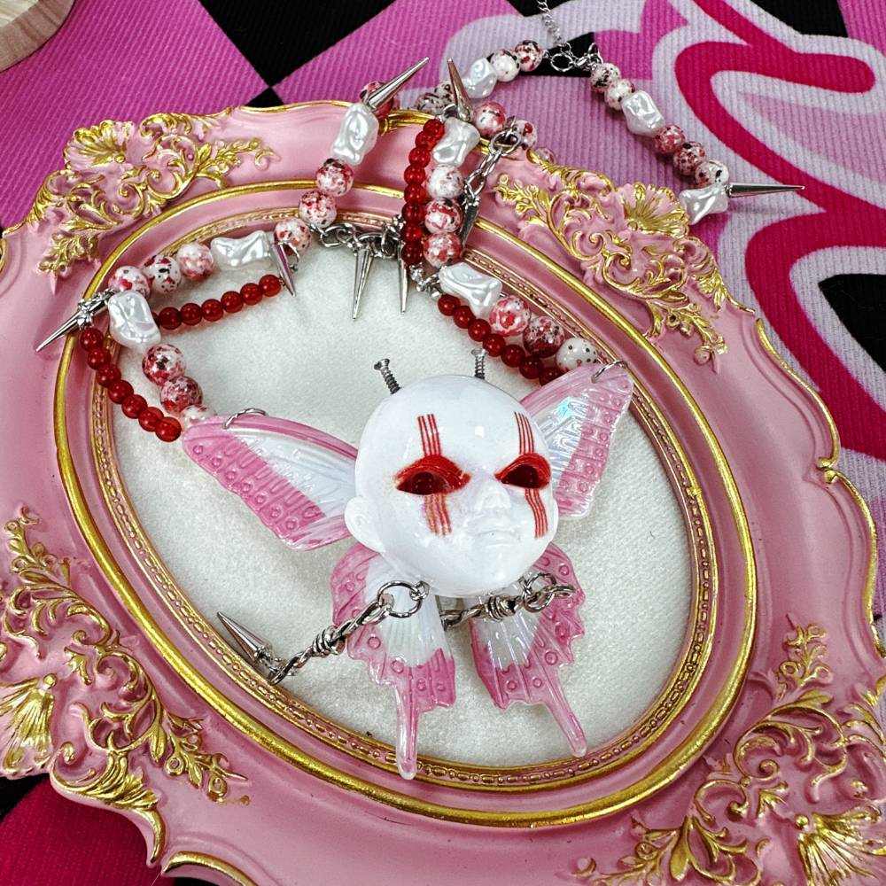 Gothic Horror Doll Head Wings Red Choker