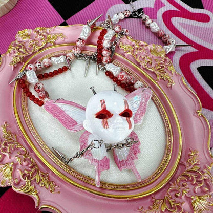 Gothic Horror Doll Head Wings Red Choker