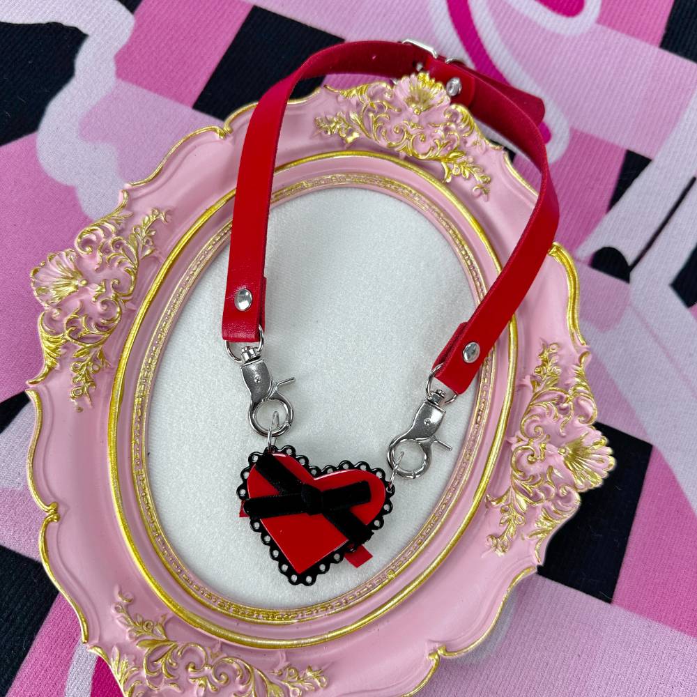 Cute Red and Black Heart Leather Choker