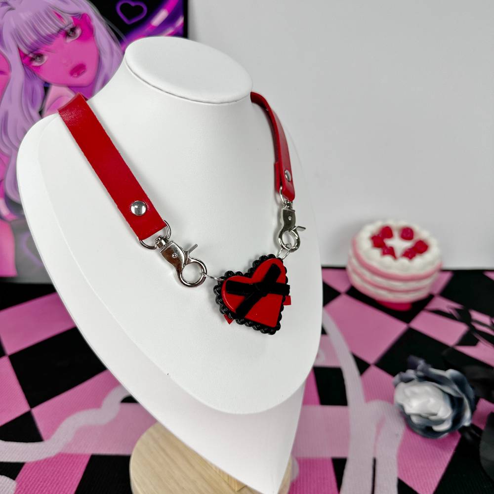 Cute Red and Black Heart Leather Choker