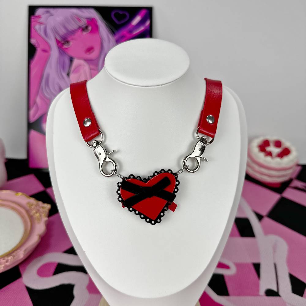 Cute Red and Black Heart Leather Choker